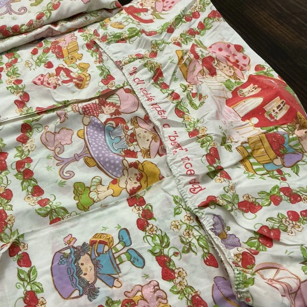 Vintage Strawberry Shortcake Twin Flat Fitted Sheet Set JCPenney 1980s Upcycle